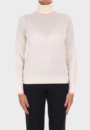 Maglione a collo alto crema con dettagli rosa al colletto e ai polsini, caratterizzato da una texture morbida e un orlo a coste, progettato per una silhouette aderente.