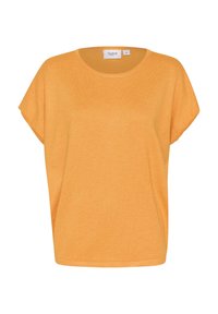 Lyhythihainen, löysä t-paita kirkkaan oranssia puuvillaa. Pyöreä pääntie hienovaraisella tekstuurilla ja koko M näyttävällä tarralla.