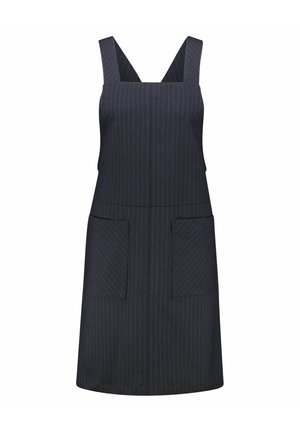 Marineblå kjole med nålestriber, brede stropper, firkantet halsudskæring og to frontlommer. Fremstillet i et glat stof med en struktureret form.