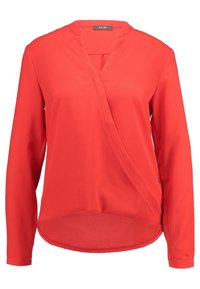 Blusa rossa a maniche lunghe con design avvolgente, realizzata in tessuto morbido, con scollo a V profondo e orlo arrotondato sul retro.