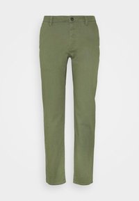 Pantaloni in cotone verde oliva con design aderente, gambe dritte, passanti per cintura, tasche laterali e chiusura con un singolo bottone metallico.