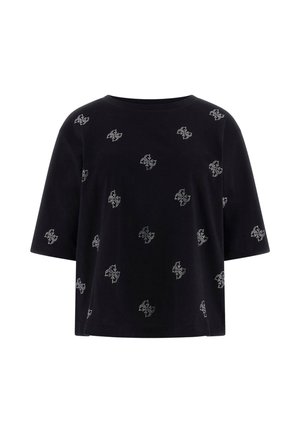 Černý top s krátkými rukávy s malými bílými puntíkovanými květinovými vzory rovnoměrně rozmístěnými po celé látce.