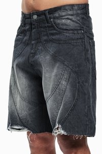Black denim shorts with a faded finish, detailed stitching, and frayed hems. Features a classic five-pocket design and metal button closure.