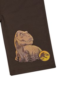 Tessuto nero con una grande e dettagliata grafica di un Tyrannosaurus rex circondato da felci, con un accento circolare giallo che rappresenta la testa di un dinosauro.