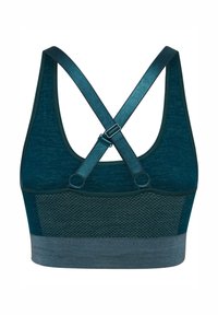 Teal sportbh met gekruiste rugbanden, textuurpanelen en een brede band. Kenmerkt een mix van gladde en mesh materialen. Inclusief verstelbare hardware.