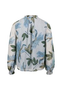 Floral blouse with a light blue and white striped pattern, featuring a ruffled neckline and gathered cuffs, made from lightweight fabric.