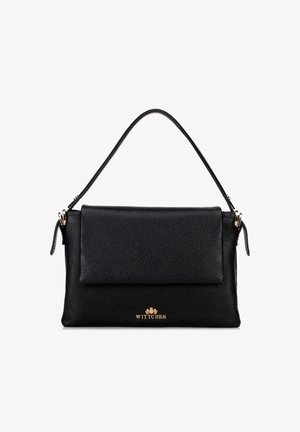 Borsa in pelle nera con manico superiore singolo, chiusura a pattina e piccolo logo dorato Wittchen al centro frontale.