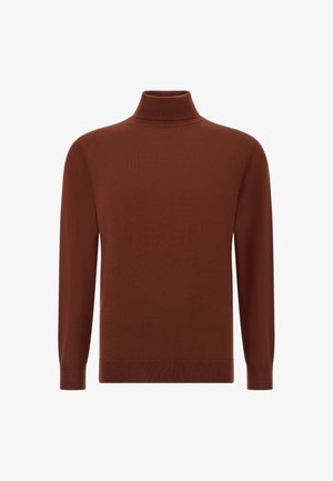 Brauner Rollkragenpullover mit langen Ärmeln, aus weichem Strickstoff gefertigt. Verfügt über eine enganliegende Passform und gerippte Bündchen sowie einen gerippten Saum.