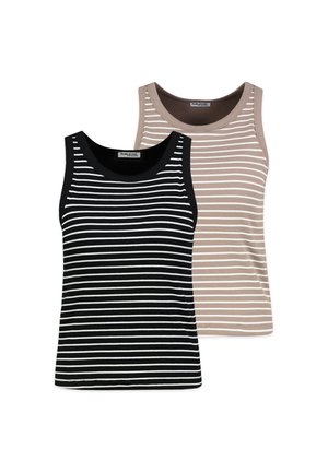 Two sleeveless ribbed tank tops with horizontal stripes, one black with white stripes and one beige with white stripes, laid flat on a white background.