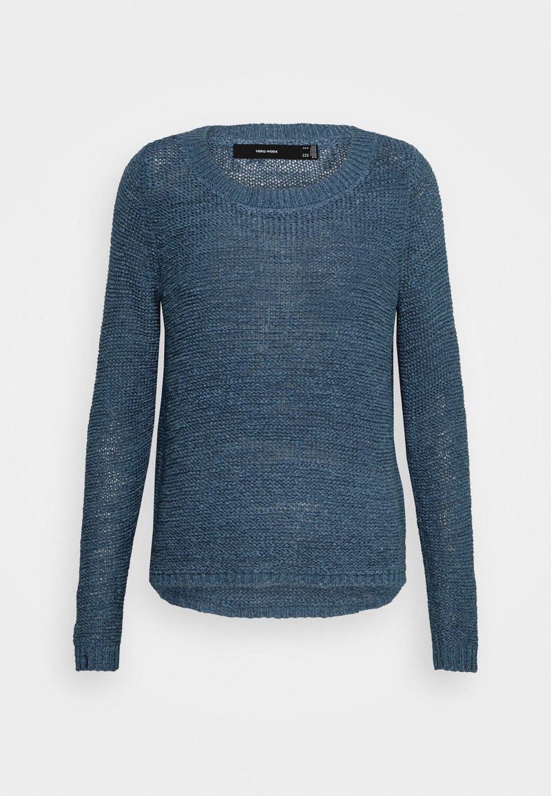 Pull en maille bleu à manches longues avec encolure ronde, poignets côtelés et ourlet légèrement arrondi, présenté sur un fond uni.