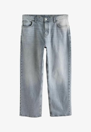 Helle blaue, lässig geschnittene Jeans aus Denim, mit Fünf-Taschen-Design, geraden Beinen und subtiler Ausbleichung an der Vorderseite. Kontrastnaht.