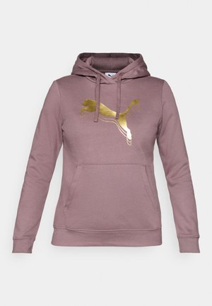 Różowa bluza z kapturem wykonana z miękkiego materiału, z złotym logo Puma na piersi, kangurową kieszenią i regulowanym kapturem ze sznurkiem.