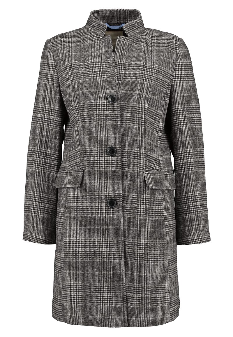Grå rutmönstrad rock med hög krage, två framfickor och fyra svarta knappar. Tyget har ett strukturerat, vävt mönster.