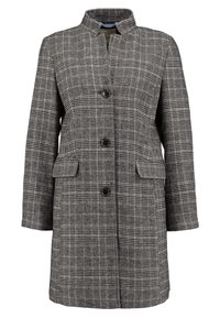 Grå ternet frakke med en høj krave, to forlommer og fire sorte knapper. Stoffet har et tekstureret, vævet mønster.