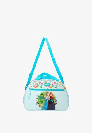 Bolso azul claro con tema de Frozen, con correa ajustable, detalles florales y los personajes Elsa y Anna con el texto "Juntas para Siempre".