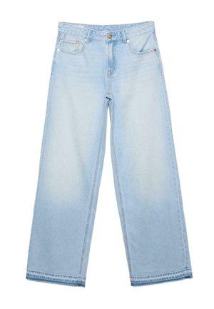 Jasnoniebieskie jeansy z szerokimi nogawkami i wysokim stanem, zapinane na guziki z przodu, z zamkiem i pięcioma kieszeniami, ułożone na płasko na białym tle.