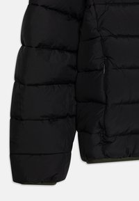 Giacca a vento nera con design trapuntato. Presenta pannelli spessi, texture liscia e un accento verde lungo l'orlo inferiore.