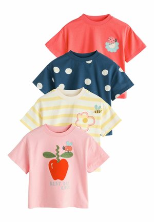 Four short-sleeve t-shirts: coral with an ice cream patch, navy with white polka dots, yellow striped, and pink with a fruit design.