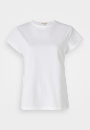 T-shirt en coton blanc à manches courtes, col rond et coupe décontractée. Présente un design uni sans motifs ni embellissements.