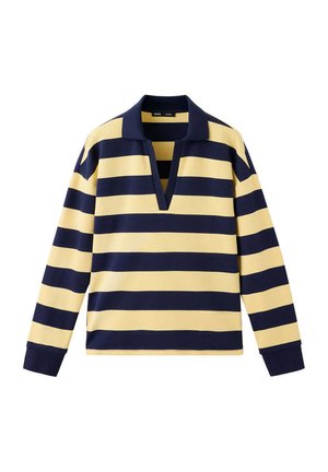 Maillot de rugby à manches longues avec larges rayures horizontales bleu marine et beige et un col ouvert bleu marine.
