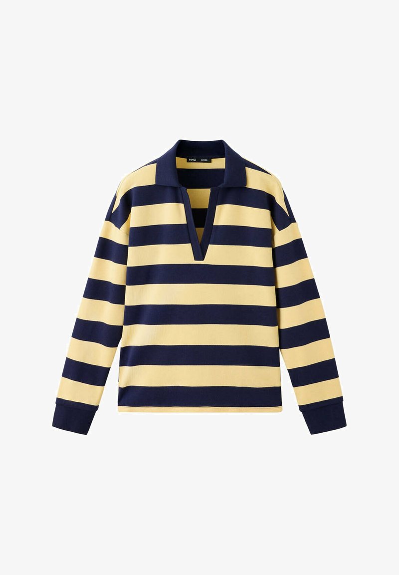 Maillot de rugby à manches longues avec larges rayures horizontales bleu marine et beige et un col ouvert bleu marine.