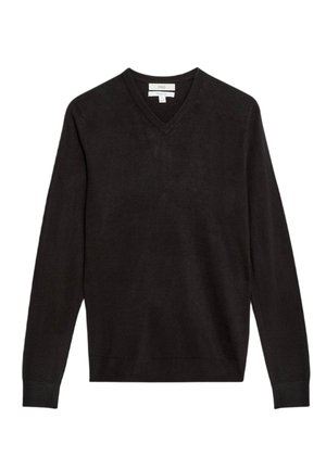 Maglione nero a V in morbido tessuto, con maniche lunghe e polsini e orlo a coste. Texture liscia con design minimalista.