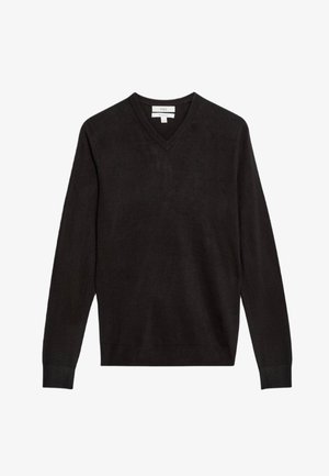 Černý svetr s výstřihem do V vyrobený z měkké tkaniny, má dlouhé rukávy a žebrované manžety a lem. Hladká textura s minimalistickým designem.