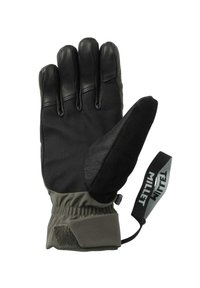 Gant en cuir et tissu noir avec cinq doigts, poignet élastique et accent gris, doté d'une sangle à crochet et boucle et d'une étiquette de marque.