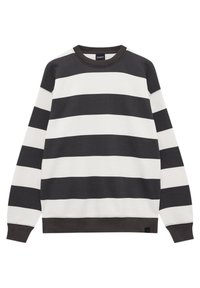 Sudadera de rayas blancas y negras con mangas largas, cuello redondo, puños acanalados y dobladillo inferior. Tejido suave con colores contrastantes.