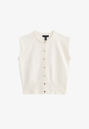 Cardigán blanco sin mangas con dobladillo y cuello acanalados, con siete pequeños botones dorados en la parte delantera.