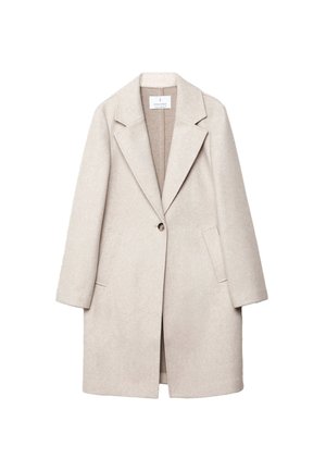 Manteau en laine beige avec un col cranté, fermeture à un bouton et poches latérales. Texture lisse, coupe légèrement oversized et silhouette épurée.