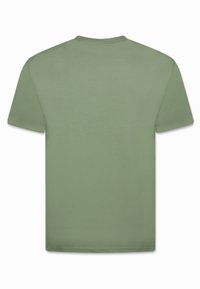 Korte mouw T-shirt in gedempt groen katoen met een ronde hals. Gladde textuur, standaardpasvorm en geen zichtbare logo's of patronen.