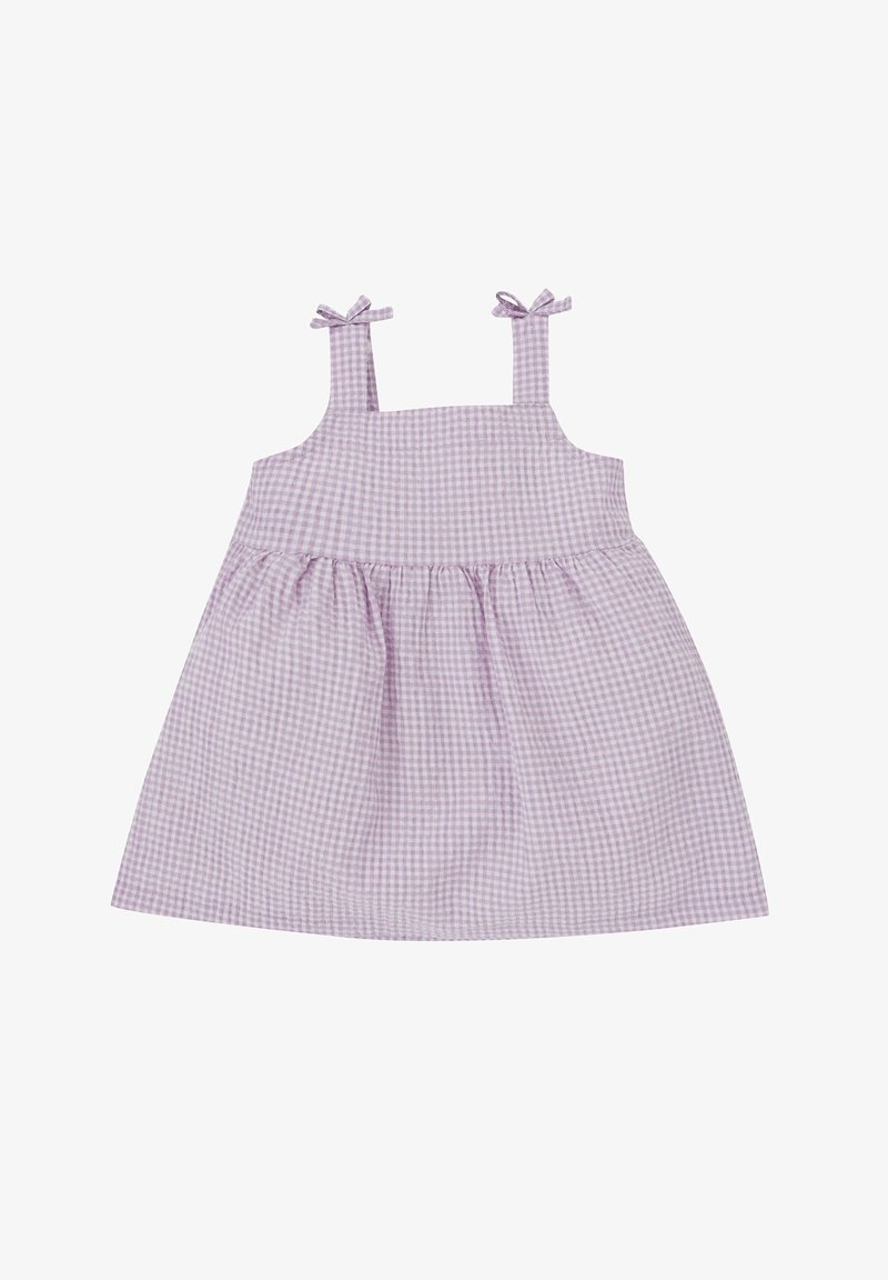 Robe bébé en vichy lilas et blanc avec jupe froncée et bretelles nouées en nœuds.