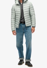 Chaqueta acolchada gris clara con capucha, cierre de cremallera y diseño acolchado horizontal, combinada con jeans azul medio y zapatos negros.