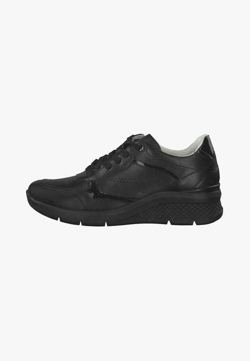 Black leather casual sneaker with textured sole, lace-up front, and cushioned collar, shown in a side profile against a white background.