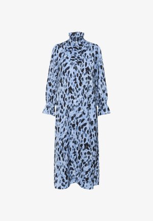 Rochie midi cu mânecă lungă, cu pete abstracte albastre și negre, guler înalt cu volane și fundiță asortată.