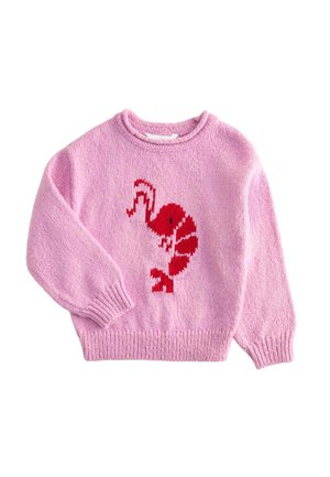 Maglione rosa lavorato a maglia con maniche lunghe e un disegno rosso di un gambero lavorato a maglia al centro davanti.