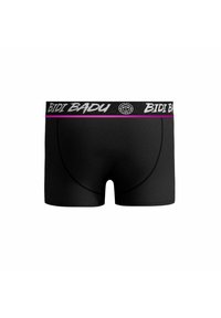 Boxer in cotone neri con un ampio elastico nero decorato con il testo bianco "BIDI BADU" e una linea di accentazione rosa. Texture liscia, design aderente.