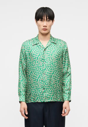 Young man with straight dark hair wearing a green long-sleeve shirt with white daisy patterns and dark pinstripe pants standing against a plain background.