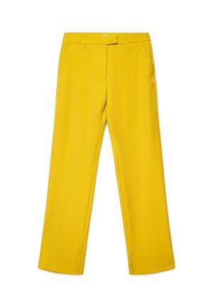 Pantalon droit jaune vif avec passants de ceinture, poches latérales et fermeture à agrafe sur le devant, posé à plat sur un fond blanc.