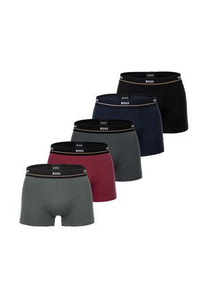 Fünf Paare Boxer-Briefs in verschiedenen Farben: schwarz, navy, dunkelgrau, burgunderrot und olivgrün. Jede Unterhose hat einen elastischen Bund mit Logo.