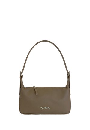 Piccola borsa rettangolare in pelle taupe con tracolla corta e chiusura con cerniera, con piccolo logo argentato del marchio sul davanti.