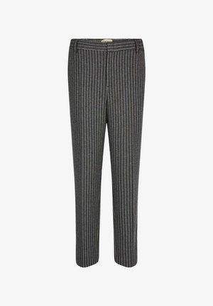 Šedé kalhoty na míru s bílými vertikálními proužky a poutky na opasek, zobrazené zepředu na bílém pozadí.