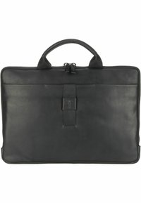 Borsa per laptop in pelle nera con chiusura a zip, manici superiori doppi e una cinghia verticale centrale con logo impresso. Texture liscia.