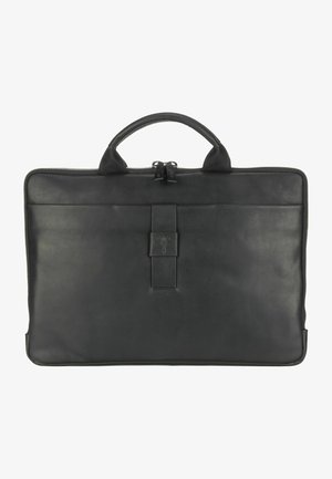 Schwarze Leder-Laptoptasche mit Reißverschluss, doppelten Tragegriffen und einem zentralen vertikalen Riemen mit eingeprägtem Logo. Glatte Textur.