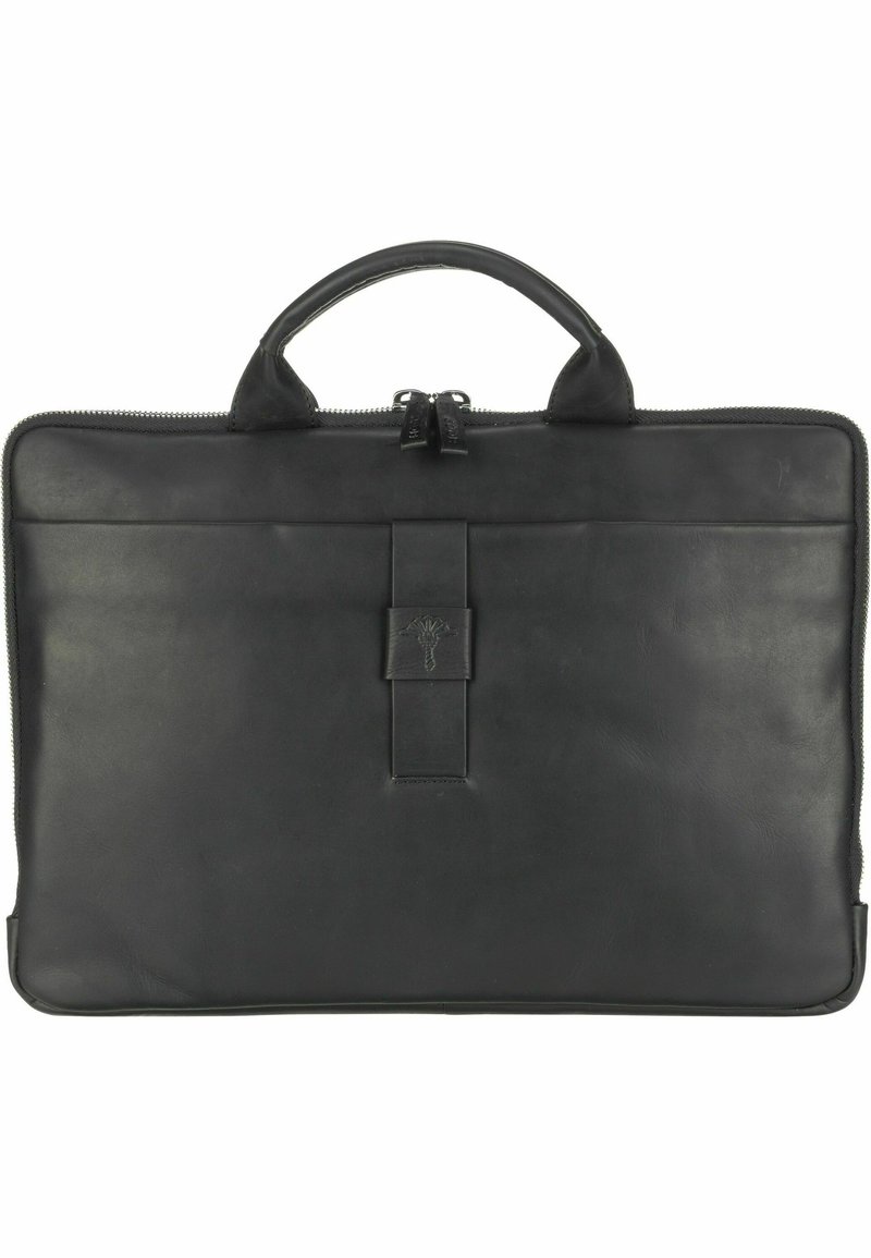 Borsa per laptop in pelle nera con chiusura a zip, manici superiori doppi e una cinghia verticale centrale con logo impresso. Texture liscia.