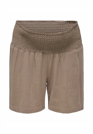 Shorts couleur taupe avec une large ceinture élastique froncée et un tissu doux et texturé conçu pour le confort.