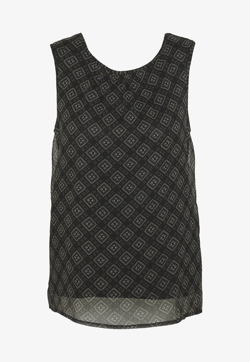 Czarny top bez rękawów z geometrycznym wzorem diamentów w jasnoszarym i taupe, wykonany z lekkiego materiału z zaokrąglonym obszyciem.