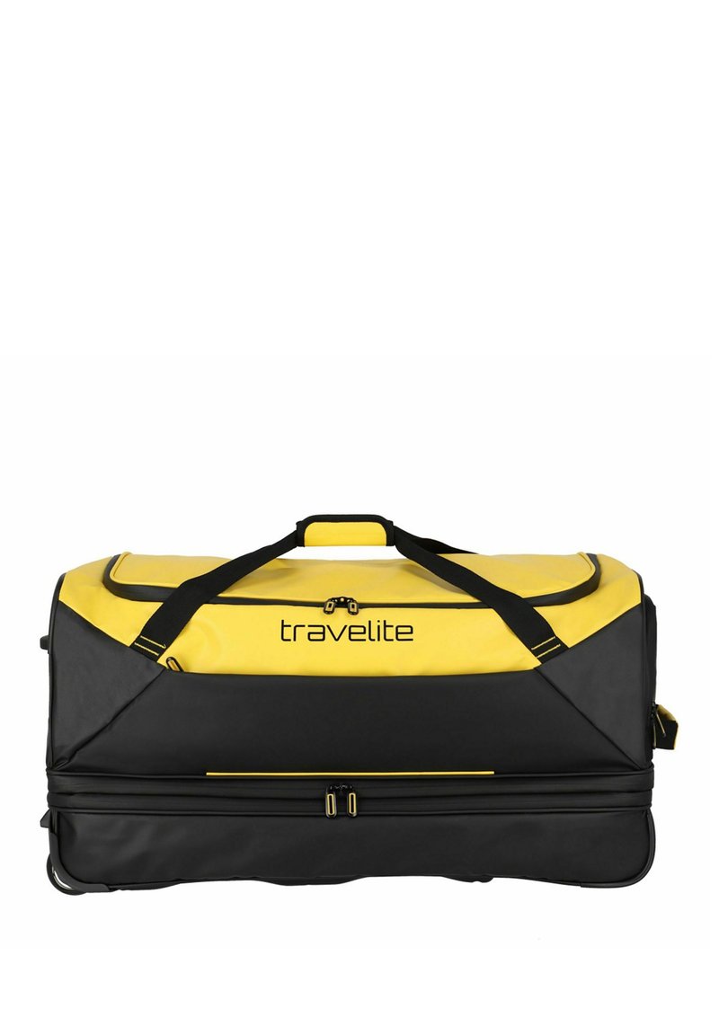Borsa duffel nera con accenti giallo brillante, dotata di cerniere, manico e logo. Realizzata in materiale resistente, progettata per un facile trasporto.