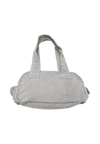 Borsa in corduroy grigio con due spallacci, forma arrotondata, superficie testurizzata e dettagli laterali, dotata di chiusura a zip nella parte superiore.
